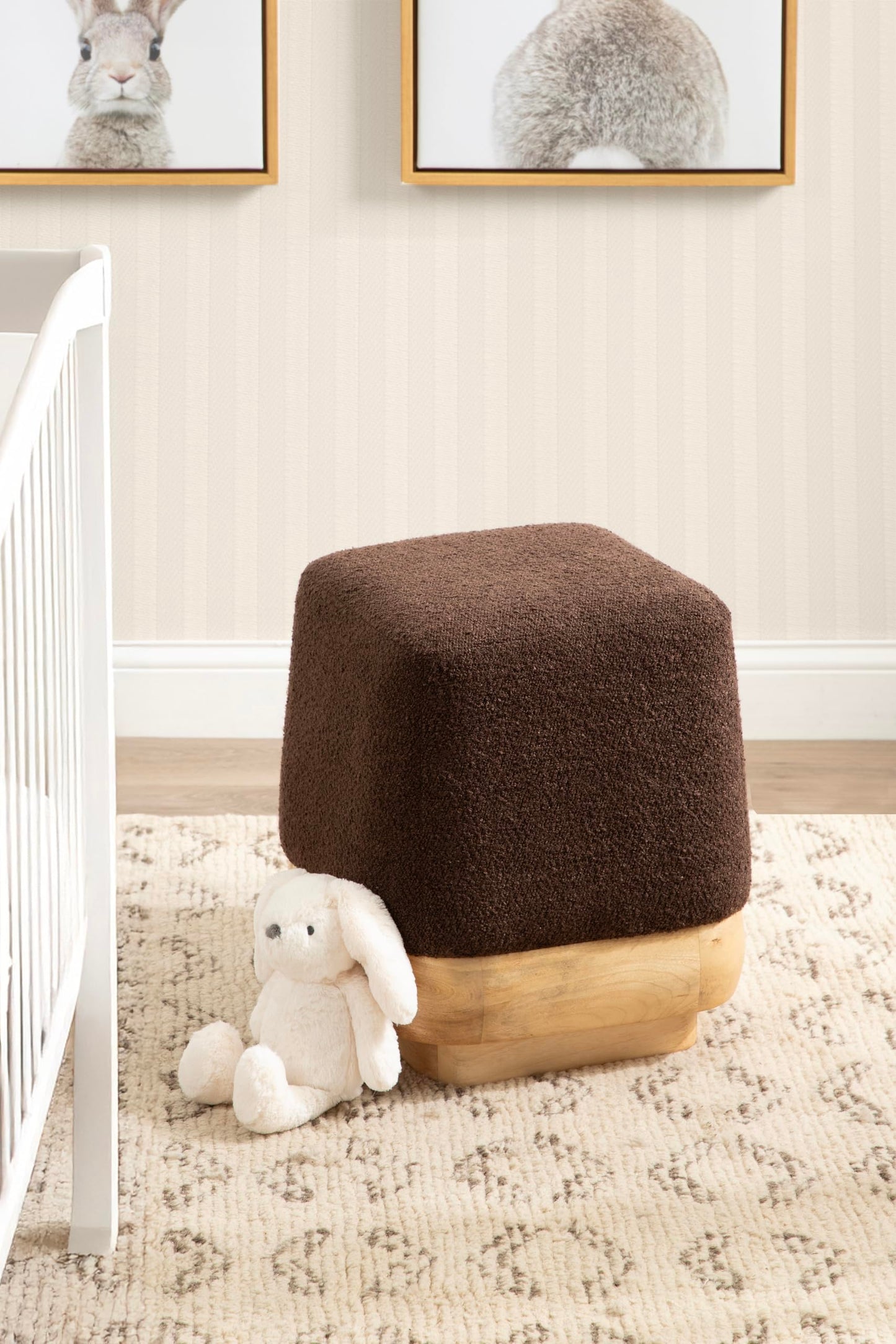 Kate and Laurel Sabri Square Upholstered Ottoman with Mango Wood Base, 16 x 16 x 18, Soft Brown and Natural, Modern Boucle Living Room Ottoman Foot Rest for Apartment or Dorm Room Decor