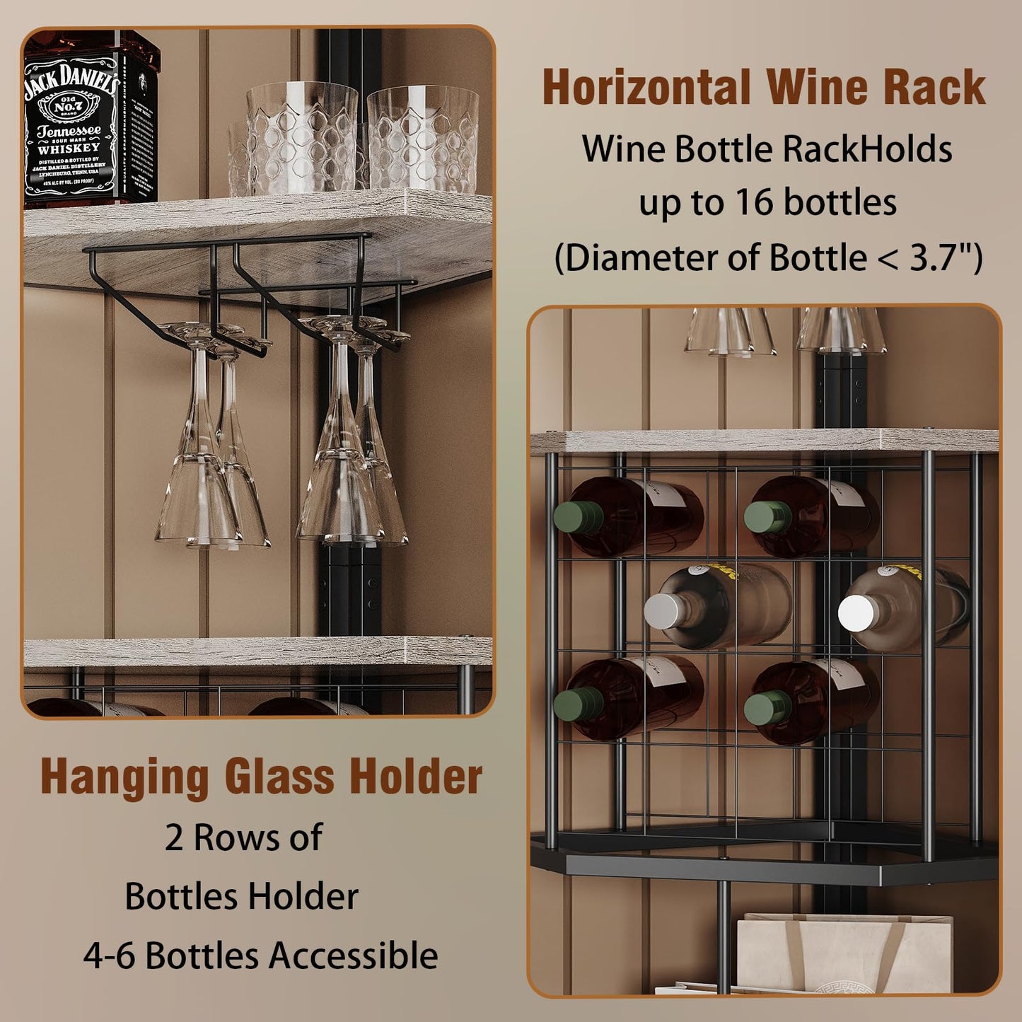 Espelism 5-Tier Corner Wine Rack Floorstanding with Glass Holder and Bottles Wine Storage Home Bar Furniture for Home Kitchen Dining Room Industrial Metal and Wooden Corner Shelf