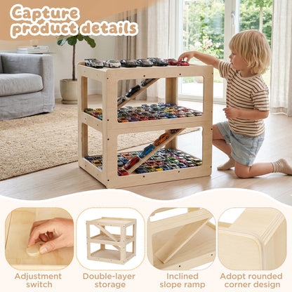 Parking Garage for Toy Cars, Storing Items, Toy Car Storage Rack with Three-Level Ramp, Compatible with Hot Wheels & Matchbox, Wooden Parking Garage Playset Holds 40+ Cars, Safe & Durable Gift