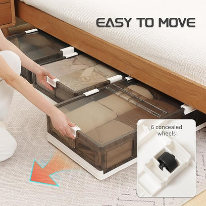 Under Bed Storage Containers with Wheels - Stackable, Foldable Plastic Storage Boxes with Lids for Clothes, Shoes, Blankets - Perfect for Bedroom Organization and Dorms (2 Pack-25.2''x16.5''x7.9'')