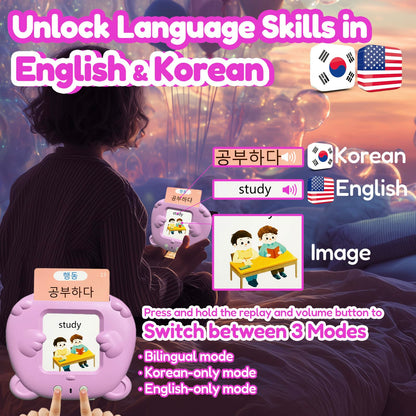 MoLingvora Bilingual Talking Flash Cards for Kids - Korean English Flashcards Children Adults, 510 Sight Words, ABC Alphabet, Pocket Speech for Toddlers, Audible Sensory Toys (Korean, Pink)