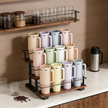 Wolera Stanley 40 oz Tumbler Compatible Organizer, 3-Tier Water Bottle Organizer with Wooden Shelves, Carbon Steel Rack Holds 12 Bottles, Kitchen & Bar Storage