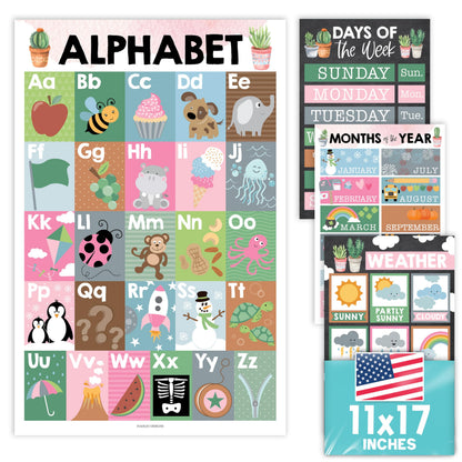 Hadley Designs 4 Alphabet, Months of the Year, Weather, Days of The Week Calendar For Kids, ABC Chart for Wall for Toddlers, Laminated Charts for PreK Classroom or Homeschool, Cactus Posters 11x17