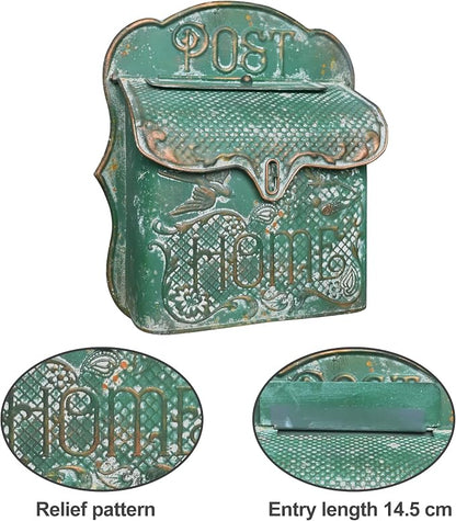 BIG FORTUNE Wall Mount Mailbox for House Outside Vintage Metal Door Mailbox Antique Style Nostalgic Charm Home Decor Garden Vintage English Cottage Decor Flower Patter (Green)