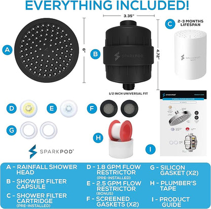 SparkPod 23-Stage Filtered Shower Head, 6" Round, Black Matte | Filtered Shower Head for Hard Water Filter, High Pressure, Reduces Chlorine, Heavy Metals, For Dry Skin & Hair