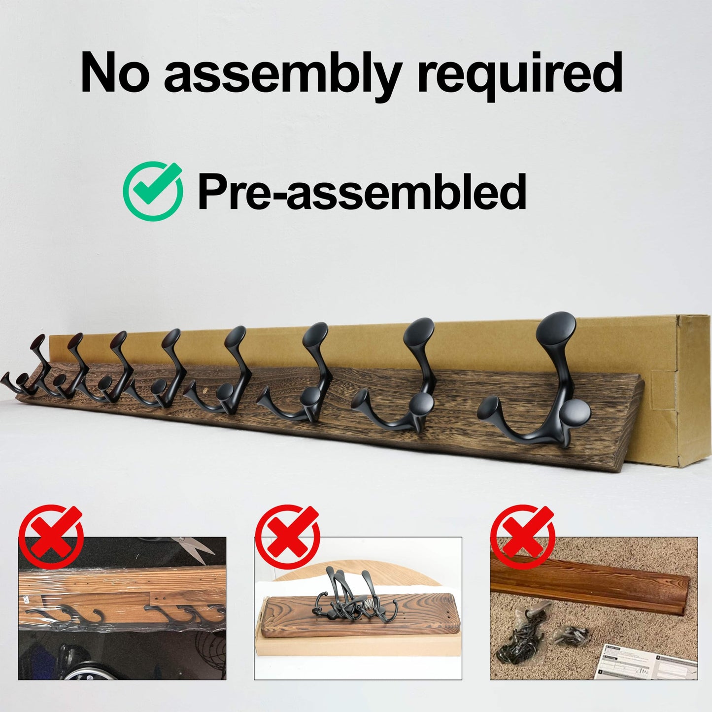 WEBI Coat Rack Wall Mount,24" Solid Wood Coat Hooks Wall Mounted Coat Hanger,16" Hole to Hole,Heavy Duty Hook Rack Rail,4 Triple Hooks for Hanging Coats,Jacket,Clothes,Hat,Backpack,Weathered Brown