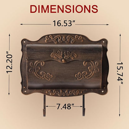 Wall Mount Mailbox with Newspaper Holder, Vintage Metal Wall Mailboxes for Outside, Decorative Front Porch Mail Box Mounted, Horizontal Mailbox with Antique Floral Design for Outdoor and House Garden