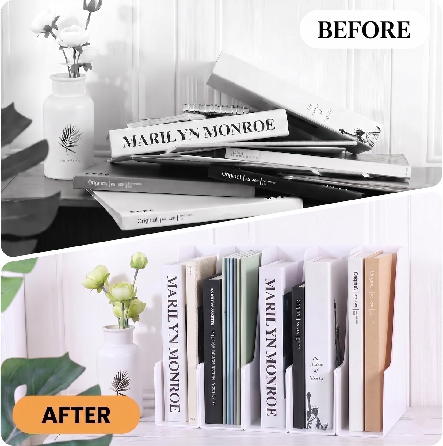 LALOBLUE White Vertical File Organizer, 4 Section Magazine Holder for Desk, Desktop File Folder Rack for Books, Magazines, Documents and Notebooks, Office Home School