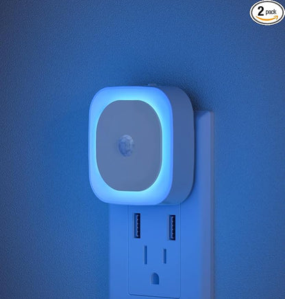 YUNLEX 2 Pack Plug in Night Light with Motion Sensor & Dusk to Dawn Sensor, 3 in 1, Auto ON/Off, Dimmable, Night Lights Plug into Wall for Bathroom, Kitchen, Light Blue