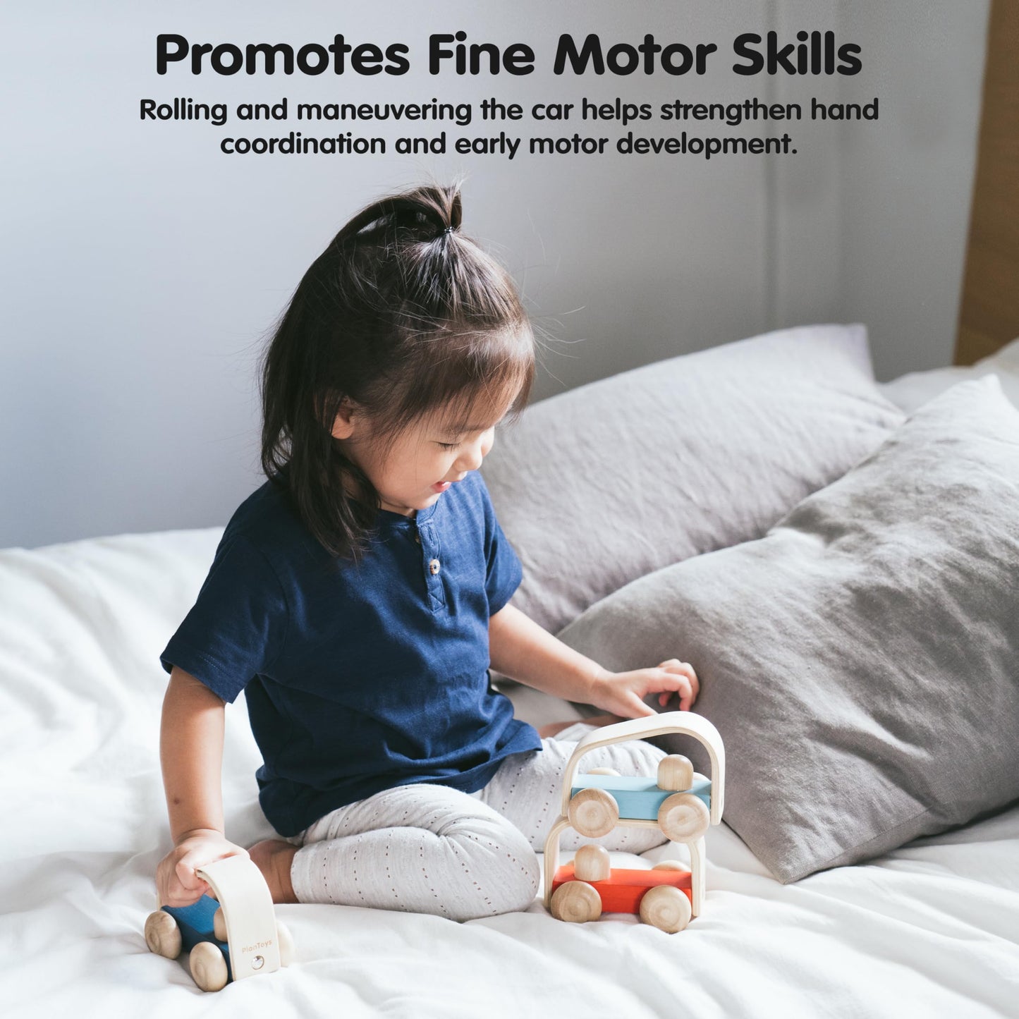 PlanToys® Vroom Car Wooden Push Toy for Toddlers | Eco-Friendly Toddler Push Car for Indoor Play | Montessori Fine Motor Learning Toys for Kids