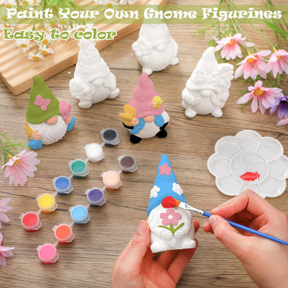 Poen 6 Sets Ready to Paint Your Own Ceramic Gnome Statues Summer DIY Unpainted Ceramics Gnome Figurines Kit Spring Crafts Gifts Drawing Figurines DIY Art and Craft with Brush Palette Paint for Adult