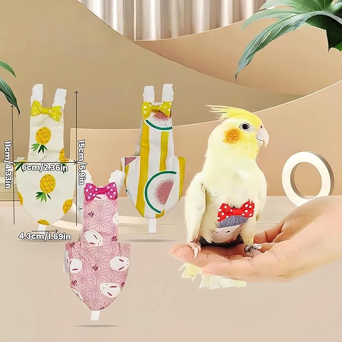 2Pcs Bird Diapers Bird Harness Flight Suits Diapers with 80 Inch Flying Leash Parrot Nappy Washable Cute Urine Wet Suit for Cockatiel Conure Macaw Budgies Parakeet-Rabbit&Kitten,M