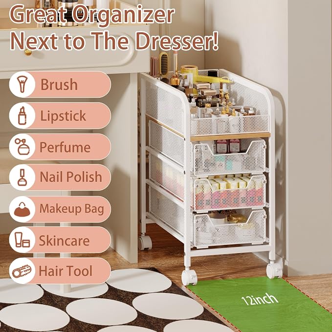 Rolling Makeup Cart Organizer with 3 Drawers, 4-Tier Narrow Floor Skincare Organizers with dividers, Vanity Organizer Cosmetics Display Cases for Makeup Brush, Hair Tool, White