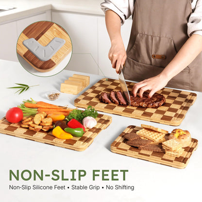 3 Pack Bamboo Cutting Board Set Checkered Wooden Cutting Board for Kitchen Non Toxic Charcuterie Board Serving Non Slip End Grain Wood Chopping Board for Meat Fruit Cheese Kitchen Housewarming Gift
