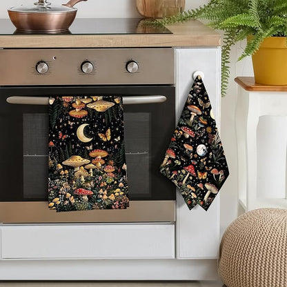 Mushroom Moth Kitchen Towels Decorative Set of 4, Witchy Dish Towels Absorbent