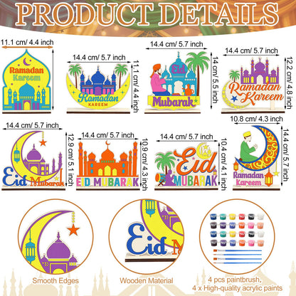 DoubleFill 16 Pcs Wooden Islamic Crafts, DIY Mubarak Tabletop Signs with Paint Strips and Brushes, Paint Your Own Muslim School Classroom Art Activity Kit for Mosque Party Home Decor, Back to School