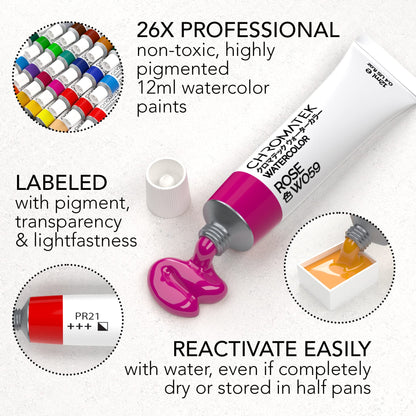 CHROMATEK Watercolor Paint Set - 62 Piece Kit - Video Tutorial Course - For Adults, Beginner & Professional Artists - 26 Tubes (12ml), Sketch Pad, 8 Painting Brushes, Aquapen, Palette, Masking Tape
