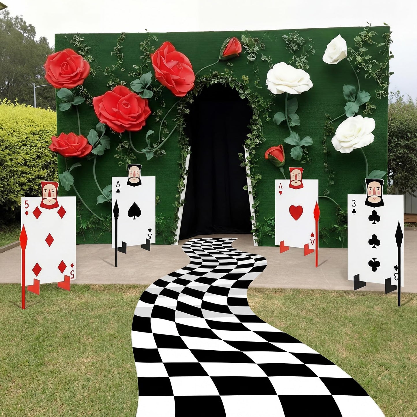 Cinnvoice Wonderland Tea Party Decoration, 4 Giant Queen's Soldiers Poker Sign with 8 Stakes 4 Spears, Large Checkered Floor Runner, Yard Lawn Garden Indoor Outdoor Decor for Birthday Poker Party