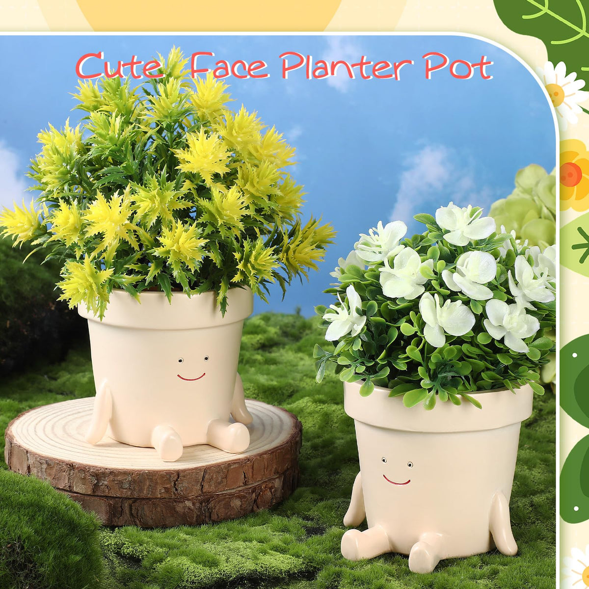 Nuogo 2 Pieces Cute Plant Pots Face Resin Succulent Flower Pot Indoor Head Planters Fun Novelty Planters with Drainage Legs Out for Christmas Plant Lover Gardening Gift Outdoor(Classic)