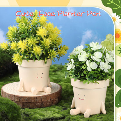 Nuogo 2 Pieces Cute Plant Pots Face Resin Succulent Flower Pot Indoor Head Planters Fun Novelty Planters with Drainage Legs Out for Christmas Plant Lover Gardening Gift Outdoor(Classic)
