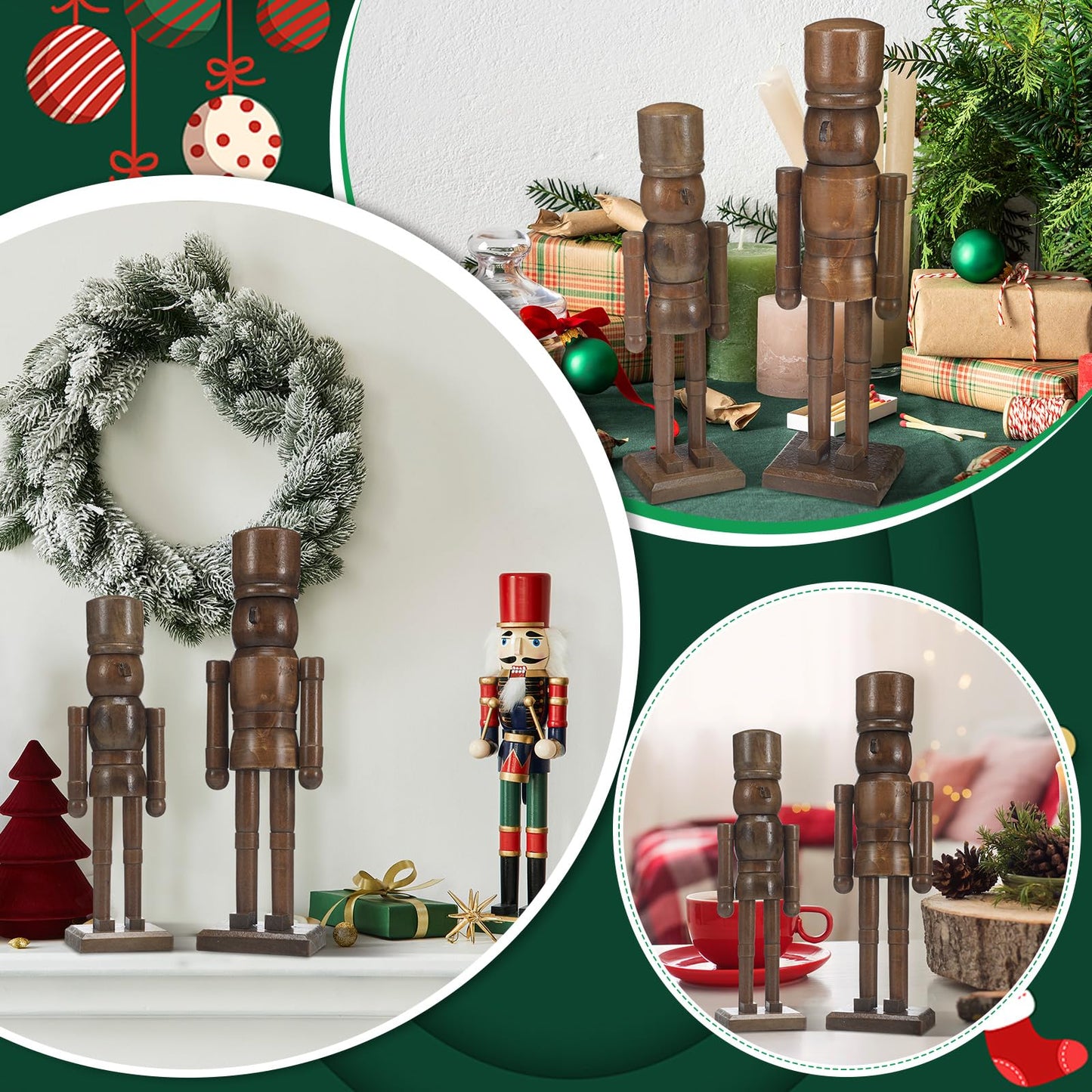 Wonderjune 2 Pack Christmas Wooden Nutcracker Traditional Christmas Decorations Nutcracker Figure Statue for Xmas Festive Holiday Tabletop Home Decor (Brown,12 Inch,14 Inch)