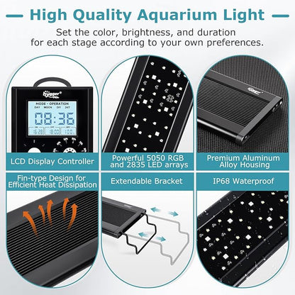 hygger 24W Aquarium Light, 24/7 & DIY Mode Fish Tank Light with Timer, IP68 Waterproof Full Spectrum, 8 Colors, 10 Brightness Day & Night Cycle Memory Function for 18-24 Inch Tank