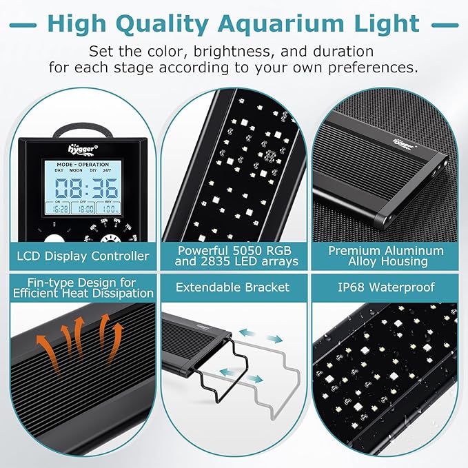 hygger 28W Aquarium Light, 24/7 & DIY Mode Fish Tank Light with Timer, IP68 Waterproof Full Spectrum, 8 Colors, 10 Brightness Day & Night Cycle Memory Function for 24-29 Inch Tank