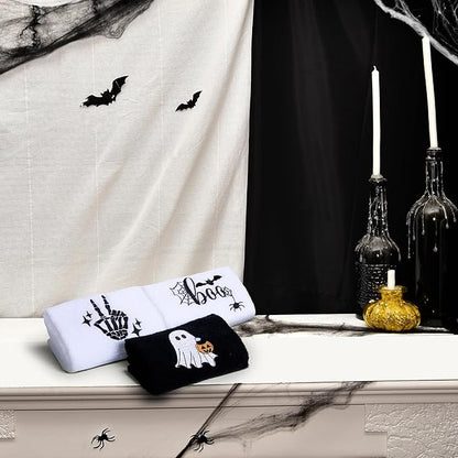 3 Pcs Halloween Hand Towels for Bathroom, Boo Ghost Black White Embroidered