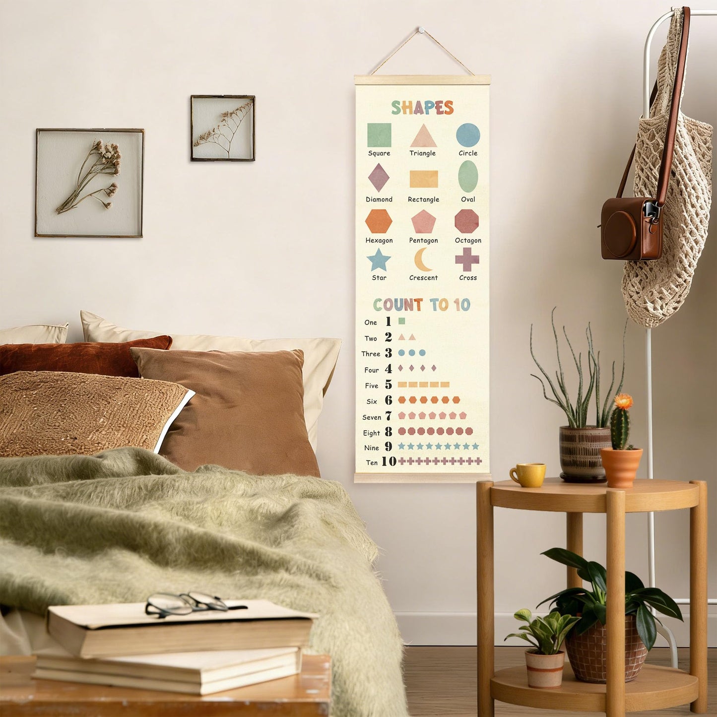 TAEDIN Boho Classroom Wall Art Poster Hanger Frame, Kids Room Wall Art with Wood Frames, Shapes Number 1 to 10 Educational Hanging Decor for Kids Boys Girls Toddler Room Bedroom Playroom, 12x35 Inches