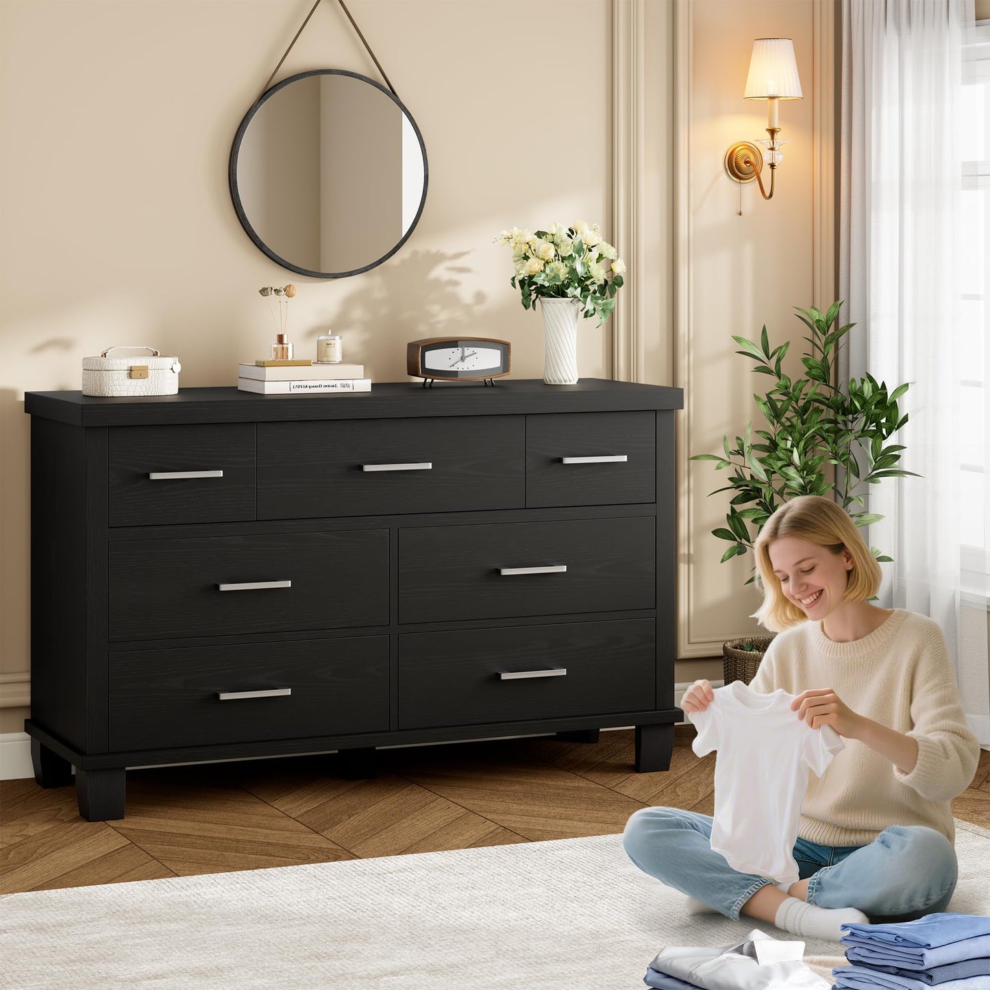 IDEALHOUSE Dresser for Bedroom with 7 Drawers, Black Storage Chest of Drawers with Metal Handle, Wooden Dresser Organizer for Living Room,Closet,Entryway,Nursery
