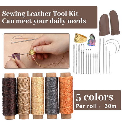 SOCNITC Leather Craft Tools, Leather Working Kit with Snaps and Rivets Kit Stamping Tools Stitching Groover Waxed Thread Punch Hole for Leathercraft Adults, Beginners