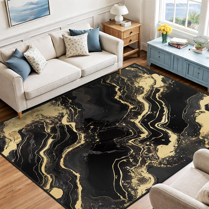 8x10 Area Rug Black and Gold Modern Large Rug for Living Room Indoor Machine Washable Abstract Rugs for Bedroom Ultra Soft Dining Room Carpet Non-Slip Non-Shedding Throw Rug for Home Office