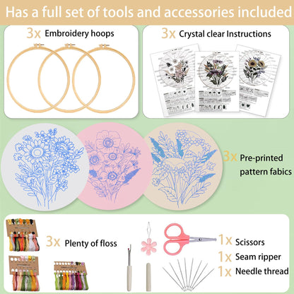 Ohcol 3 Sets Embroidery Kit for Beginners Cross Stitch Kits Needlepoint Kits Crafts for Adults with 3 Embroidery Hoops Easy-to-Follow Operating Instructions,Needle Point Kits with Flowers Patterns