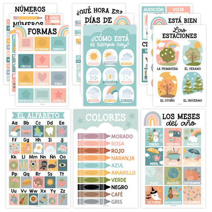 Hadley Designs Spanish Posters for Classroom - 12 Bilingual Educational Posters for Spanish Classroom Decorations Must Haves, Calendario y Alfabeto en Español Para la Pared, Boho Teacher Supplies