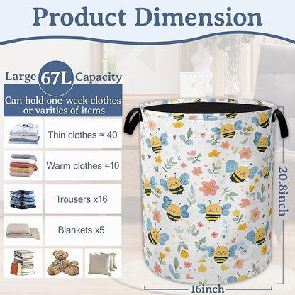 Cute Bee Laundry Basket, Foldable Oxford Cloth Pink Flowers Laundry Hamper