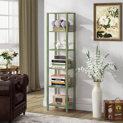 TUTOTAK Bookshelf, 6-Tier Tall Book Shelf, Narrow Bookcase for Small Space, DIY Stackable Bookshelf, for Living Room, Office, Study, Entryway, Industrial, Olive Green BS01BOG006