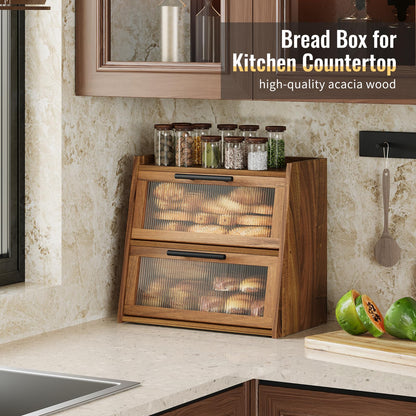 Furshus Bread Box for Kitchen Counter, Wooden Double Layer Bread Storage Container Bin,Bread Holde,Countertop Bread Storage with Window