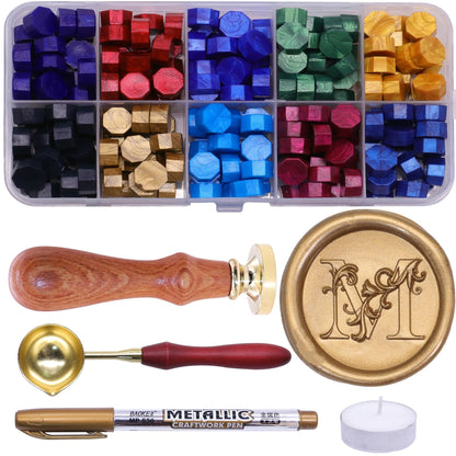 Letter Wax Seal Stamp Kit, SWANGSA 3D Floral Initial Alphabet M Sealing Stamp and 200pcs Sealing Wax Beads Kit for Wedding Invitations Cards Envelopes