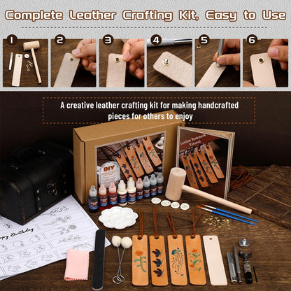 Leather Crafting Kit, Leather Working Kit for Bookmark, Leatherbookmarks Making Kits with Dyeing Carving Working Tools Supplies for Book Mark, Bookmarks for Book Lovers, Adults DIY Crafts Making