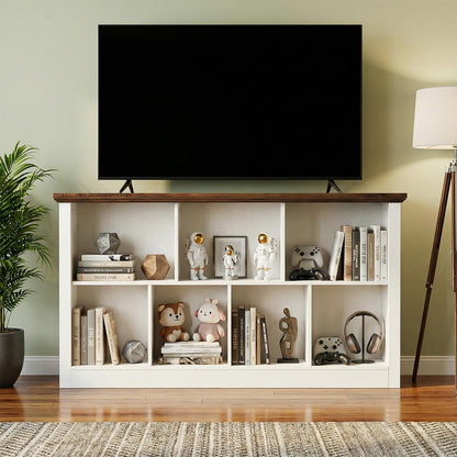 Unikito 7 Cube Storage Book Shelf - 47" Wide Wood Cube Storage Organizer, Wooden 2 Tiers Floor Standing Low Bookcase for Living Room, Bedroom, Home Office, Kids Room, Rustic White and Brown