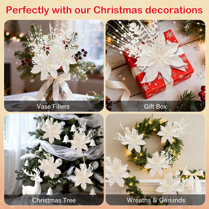 18 Pack Christmas Tree Ornaments Set, 17.5 Inch White Fake Christmas Picks Decorations with 2 Styles, Artificial Glitter Berry Stem Ornaments for Christmas Tree Wedding Small Vase Wreath Decor
