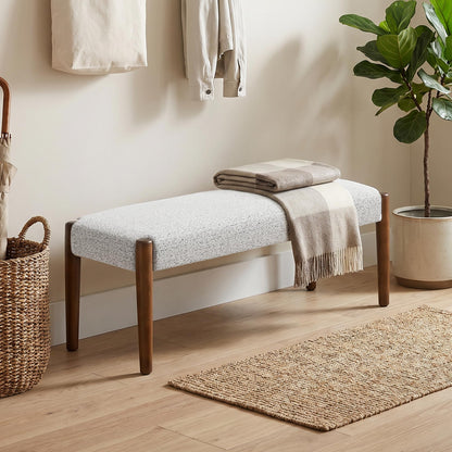 Usaint 42" End of Bed Bench, Modern Upholstered Bedroom Bench with Rubberwood Legs, Entryway Bench with Cushion, Dining Bench for Living Room, Bedroom, Heathered Off-White with Walnut Leg
