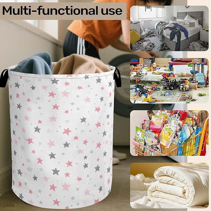 Cute Pink Stars Foldable Canvas Laundry Basket