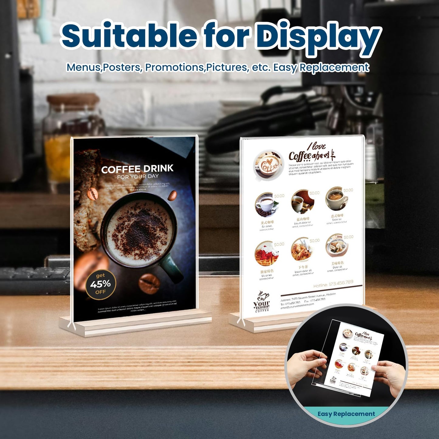 Acrylic Sign Holder, 5x7, 15 Pack Vertical Clear Table Menu Display, Double Sided, Plastic Stand, Suitable for Restaurants, Office, Store, Fair