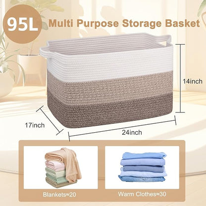 OIAHOMY Extra Large Blanket Basket, 95L Cotton Rope Woven Laundry Basket