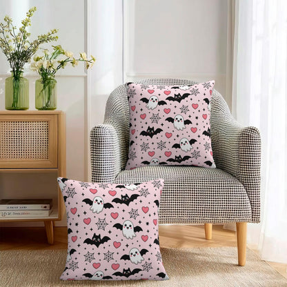 Halloween Pink Cute Ghost Bats Heart Decorative Pillow Covers 18x18 Inch Set of 2 Rustic Boho Flower Outdoor Throw Pillows Neutral Farmhouse Decoration Cushion Cases for Sofa Couch Bed Decor