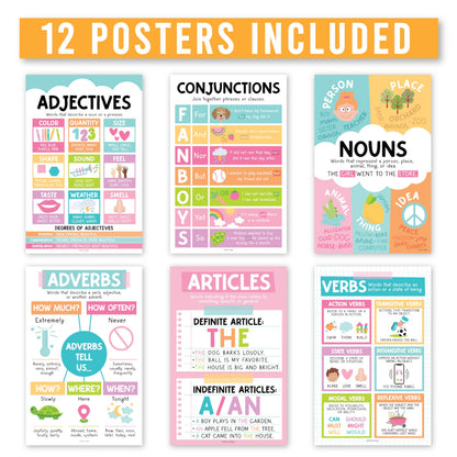 Parts of Speech Posters for Classroom Must Haves - 12 Grammar Posters, Writing Process for Homeschool, Elementary & Middle School, ELA 3rd 4th & 5th Grade Teacher Must Haves, Pastel Classroom Decor