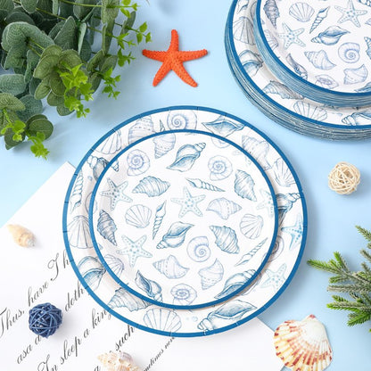 FYSUIMU 50 Pcs Ocean Paper Plates Blue Seashell Disposable Plates 7 & 9 Inch Summer Sea Beach Theme Dessert Plate for Birthday Baby Shower Wedding Party Tableware Supplies