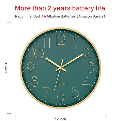 Foxtop Modern Wall Clock 12 Inch Silent Non Ticking Battery Operated Round Quartz Gold Wall Clock for Living Room Bedroom Kitchen Office Classroom Decor (Dark Green Dial)