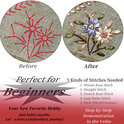 FONNUY Crewel Ribbon Embroidery Kit, Floral Pillow Covers, DIY Pillowcase Kits for Audlt Beginners, 18 x 18'' (Brown)